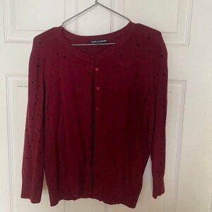 Burgundy Cardigan, black polka dots